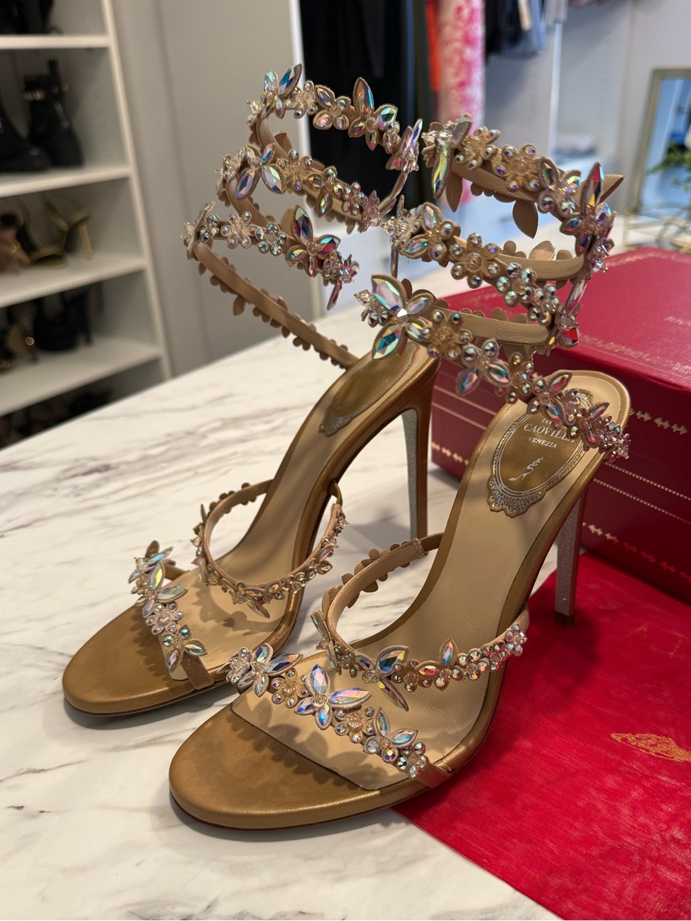 Rene Caovilla Eden Nude Sandal 105 Crystal Embellished Ankle Wrap - Picture 2 of 16